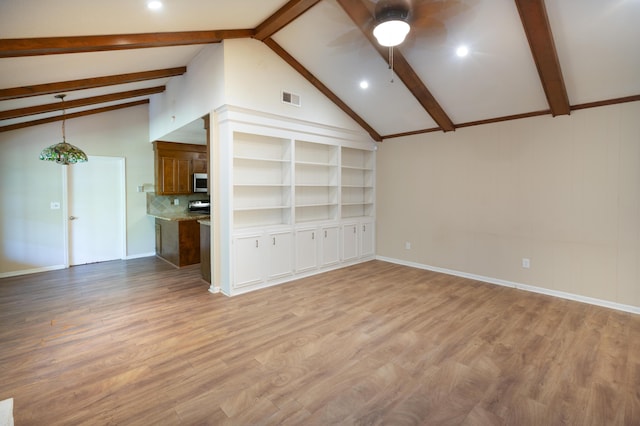 unfurnished living room featuring lofted ceiling with beams, ceiling fan, light wood-type flooring, and visible vents