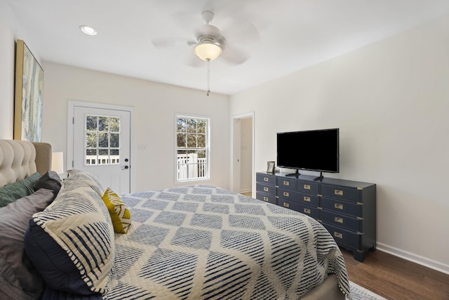 bedroom with dark wood-style flooring, recessed lighting, a ceiling fan, and baseboards