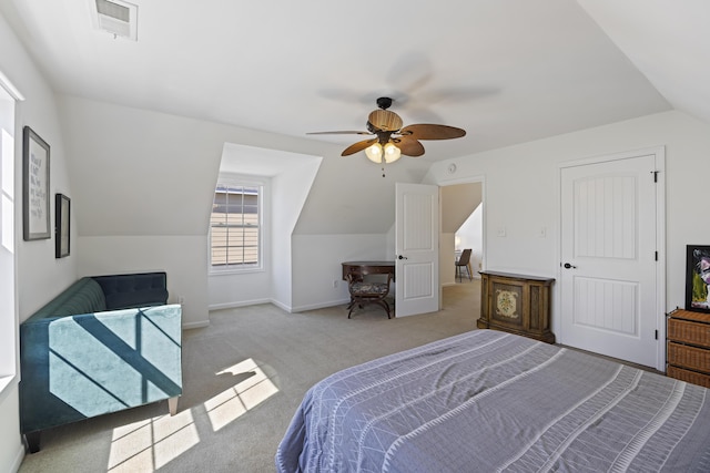 bedroom with carpet floors, lofted ceiling, visible vents, a ceiling fan, and baseboards