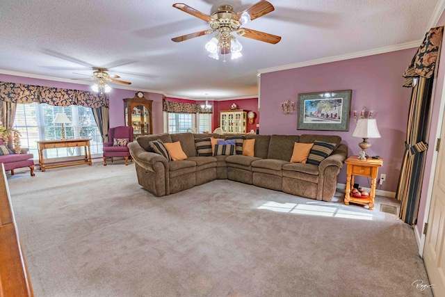 carpeted living room featuring a textured ceiling, crown molding, and ceiling fan