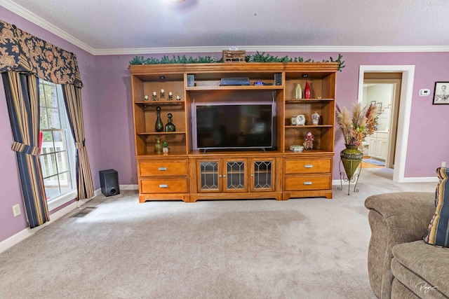 carpeted living room with a textured ceiling and ornamental molding