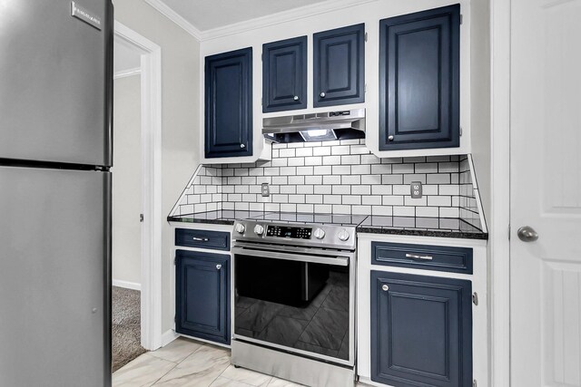 kitchen featuring dark countertops, blue cabinets, appliances with stainless steel finishes, and under cabinet range hood