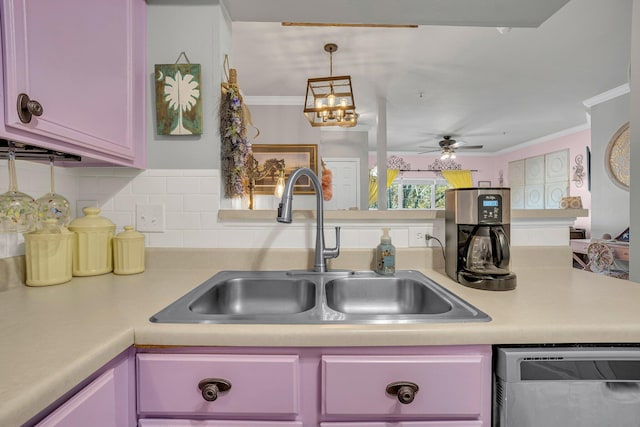 kitchen featuring sink, crown molding, ceiling fan, dishwasher, and backsplash