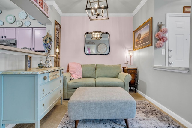 sitting room with crown molding and light wood-type flooring