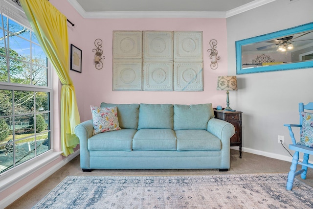 living room with crown molding and light carpet