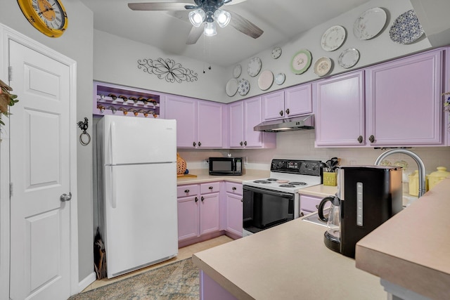 kitchen with white refrigerator, electric range oven, ceiling fan, and decorative backsplash