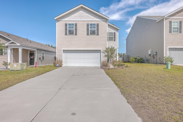 view of front of house with a garage, central air condition unit, and a front lawn