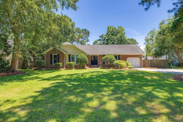 ranch-style house featuring concrete driveway, a front lawn, crawl space, and an attached garage