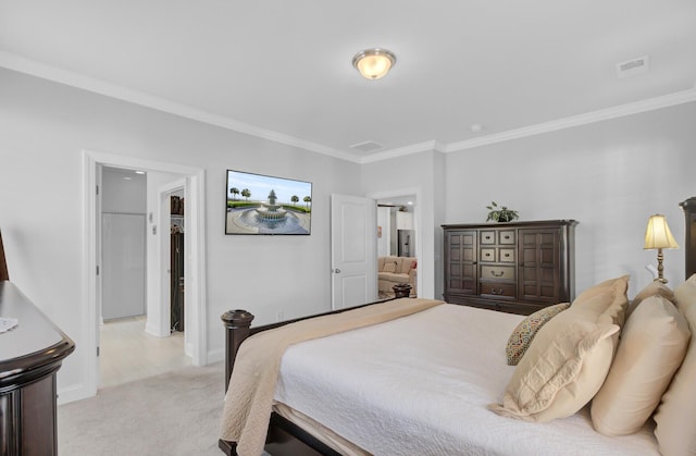 carpeted bedroom with crown molding