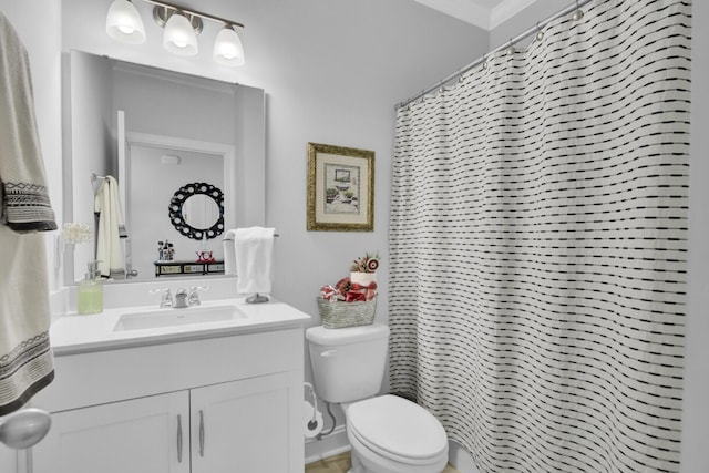 bathroom featuring vanity, toilet, and a shower with shower curtain