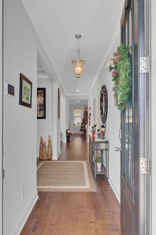 entrance foyer featuring crown molding and dark hardwood / wood-style floors