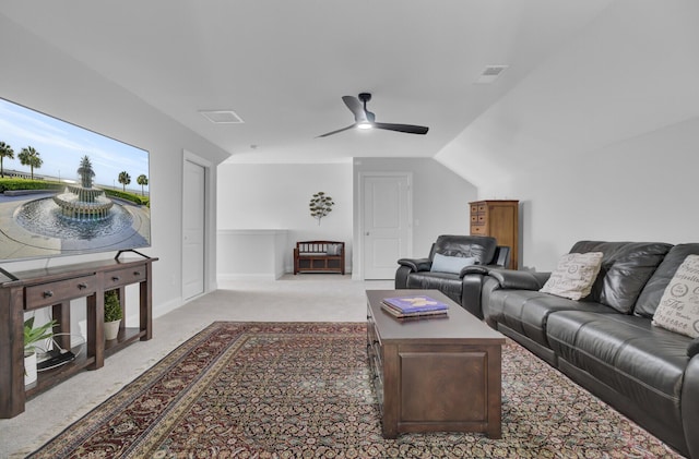 living room featuring light carpet, vaulted ceiling, and ceiling fan