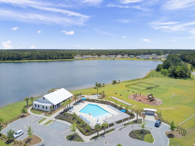 drone / aerial view with a water view