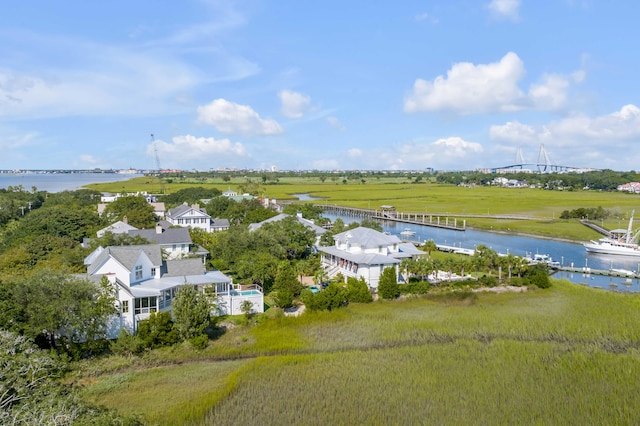 bird's eye view with a water view