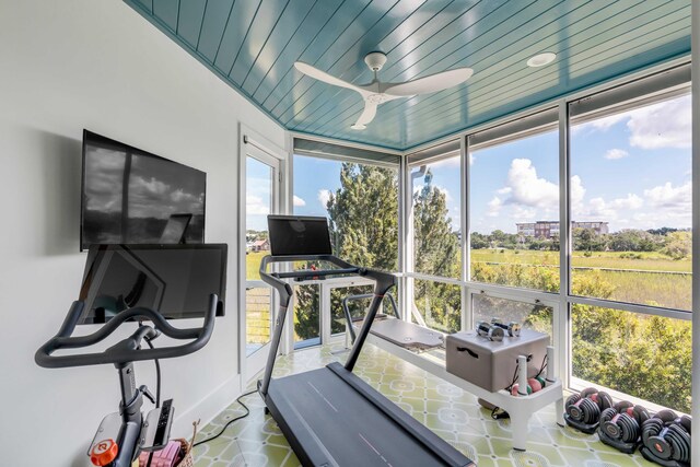 workout room featuring wood ceiling and a healthy amount of sunlight