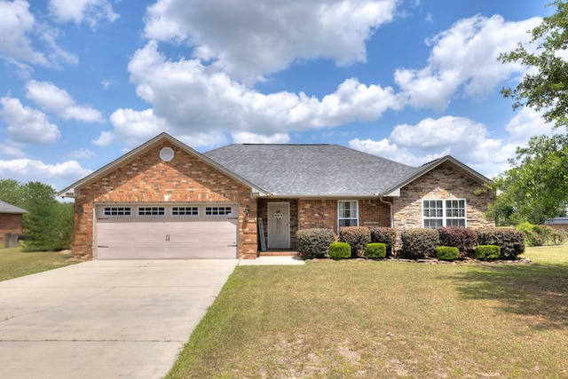 view of front of house featuring a shingled roof, an attached garage, a front lawn, brick siding, and driveway