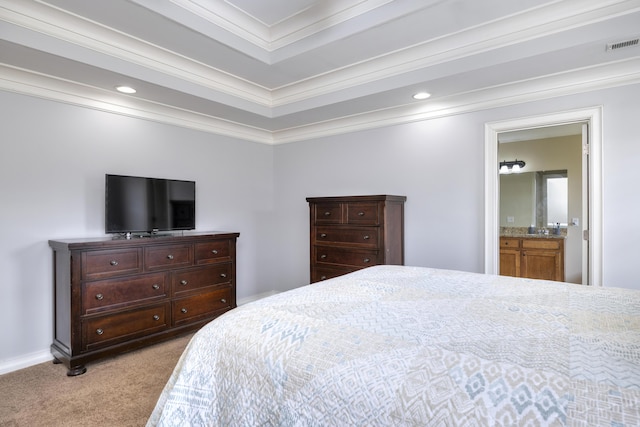 bedroom featuring crown molding, light colored carpet, recessed lighting, a tray ceiling, and visible vents
