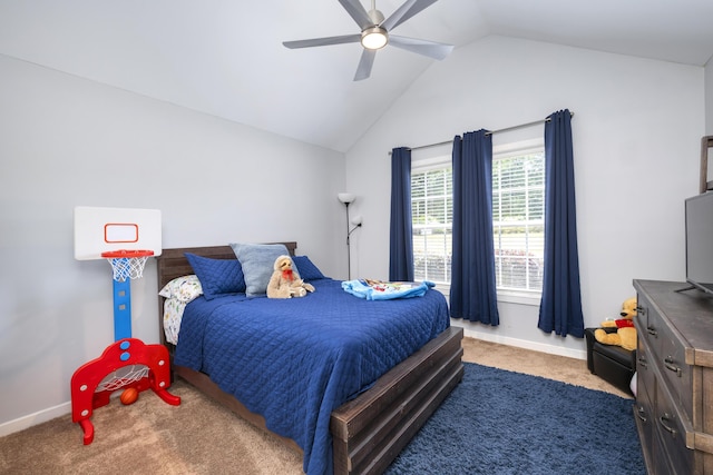 bedroom with baseboards, carpet flooring, ceiling fan, and lofted ceiling
