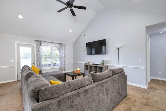 carpeted living room with high vaulted ceiling, ceiling fan, baseboards, and recessed lighting