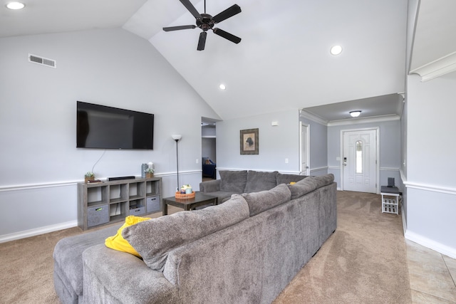 living room with visible vents, carpet floors, lofted ceiling, recessed lighting, and a ceiling fan