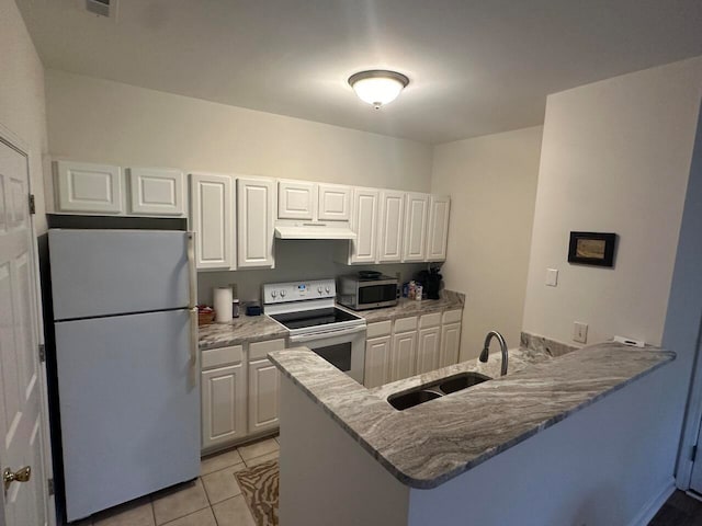 kitchen with sink, white cabinetry, light tile patterned floors, kitchen peninsula, and white appliances