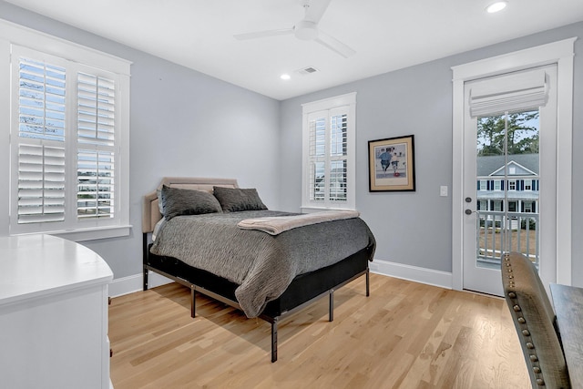 bedroom with access to exterior, ceiling fan, light wood-type flooring, and baseboards