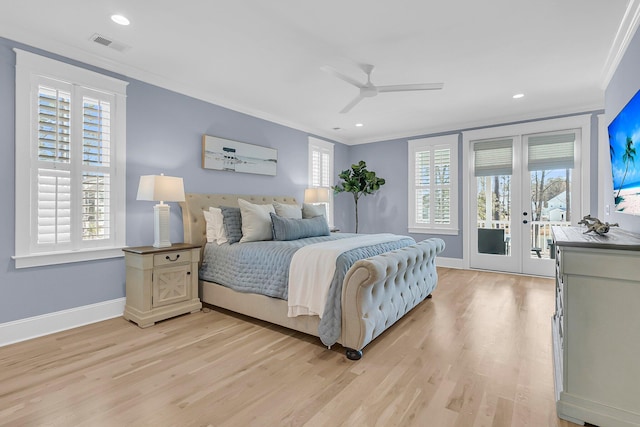 bedroom with access to exterior, visible vents, baseboards, ornamental molding, and light wood-style flooring