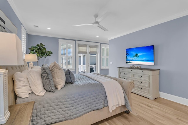 bedroom featuring baseboards, light wood-style floors, crown molding, and access to outside