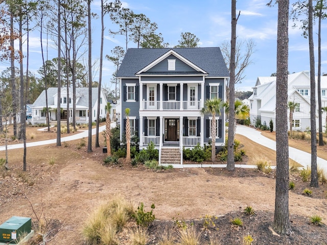 view of front facade with a residential view, covered porch, driveway, and a shingled roof