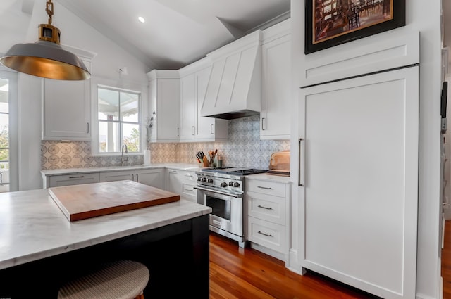 932 Middle St, Sullivans Island, SC 29482 - kitchen featuring high end stainless steel range oven, vaulted ceiling, healthy amount of natural light, tasteful backsplash, and wood finished floors