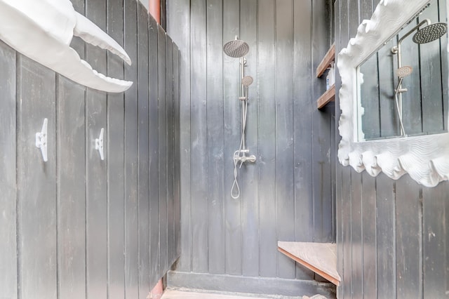 932 Middle St, Sullivans Island, SC 29482 - full bathroom featuring a shower and wood walls