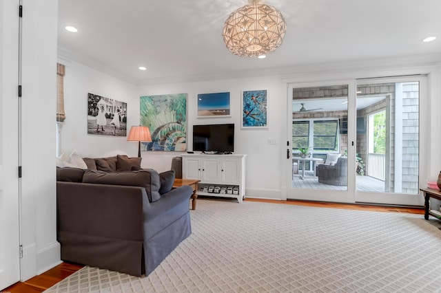 932 Middle St, Sullivans Island, SC 29482 - living room featuring a chandelier, recessed lighting, and wood finished floors