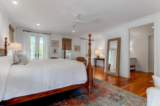932 Middle St, Sullivans Island, SC 29482 - bedroom featuring access to outside, wood finished floors, crown molding, recessed lighting, and a ceiling fan