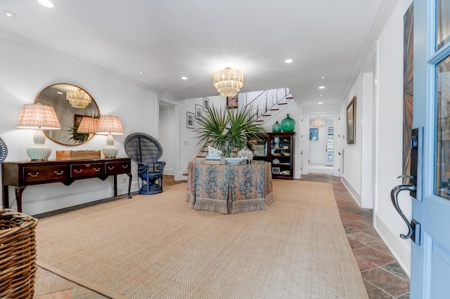 932 Middle St, Sullivans Island, SC 29482 - living area with stairway, stone tile floors, ornamental molding, a chandelier, and recessed lighting