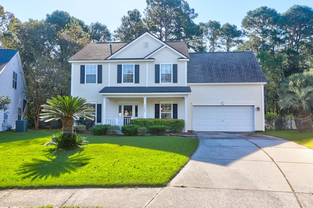 view of front facade with a front lawn, a garage, a porch, and cooling unit