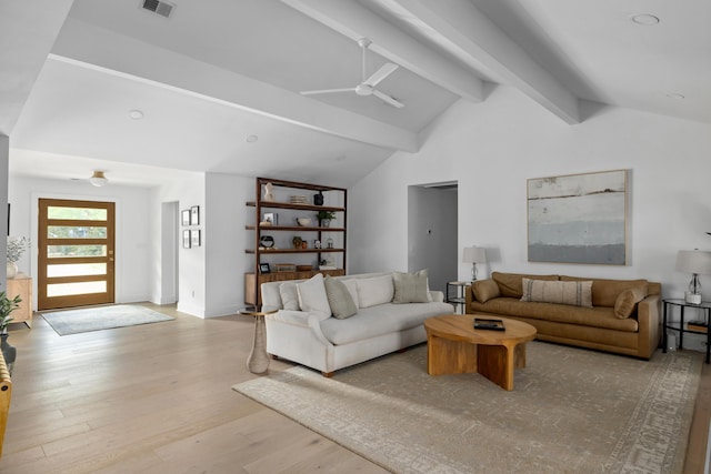 living room with ceiling fan, wood finished floors, visible vents, and vaulted ceiling with beams