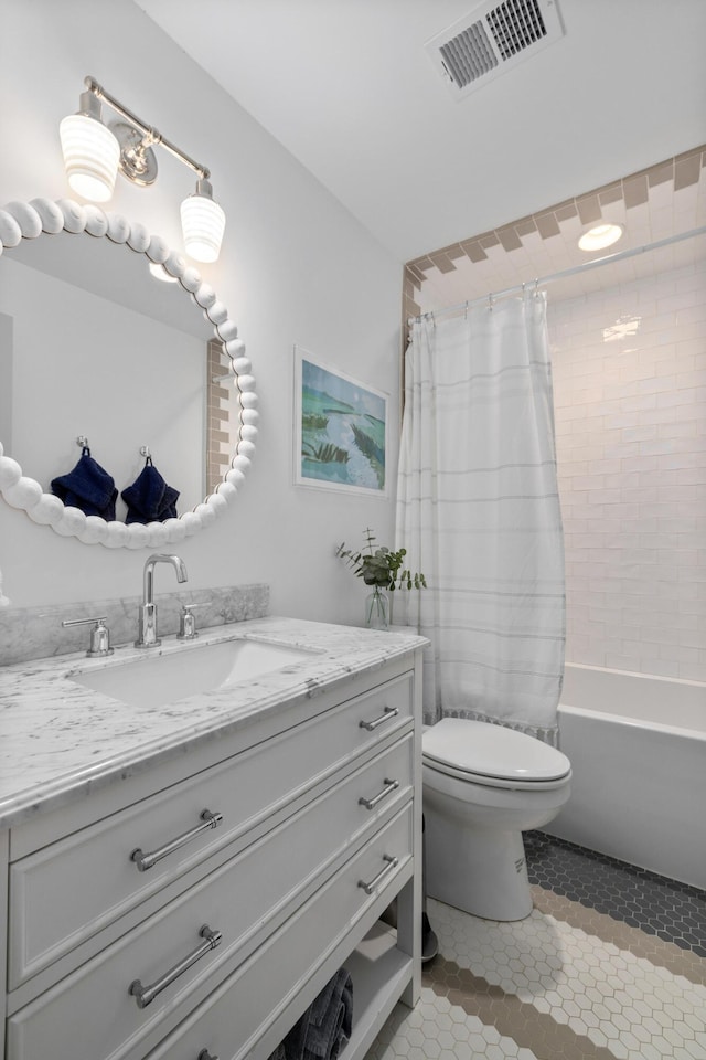 full bath featuring visible vents, toilet, shower / tub combo with curtain, tile patterned floors, and vanity