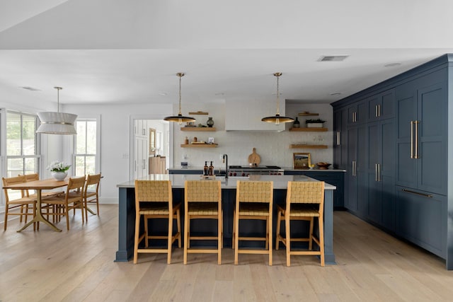 kitchen with open shelves, light wood-type flooring, and light countertops