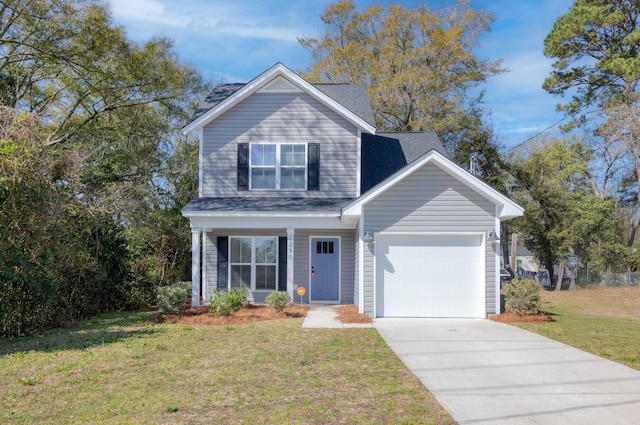 view of front of property featuring a front yard, an attached garage, concrete driveway, and a shingled roof