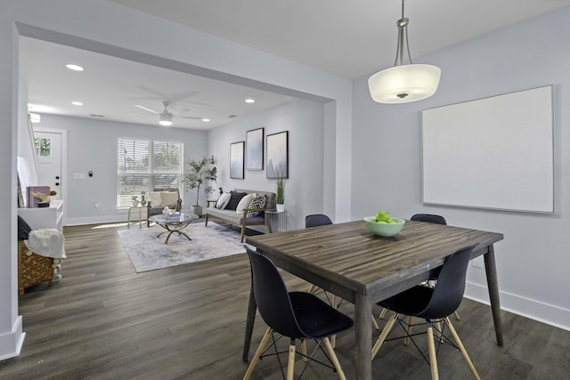 dining room featuring recessed lighting, baseboards, dark wood-style floors, and ceiling fan