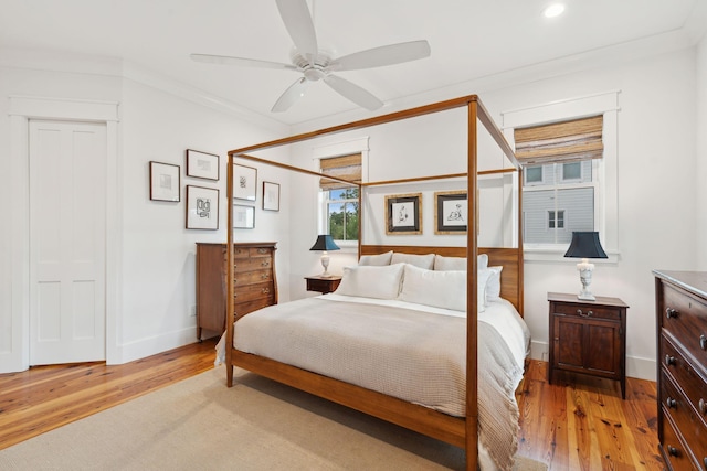 1809 Rushland Grove Ln, Johns Island, SC 29455 - bedroom with light wood-style flooring, recessed lighting, ornamental molding, and a ceiling fan