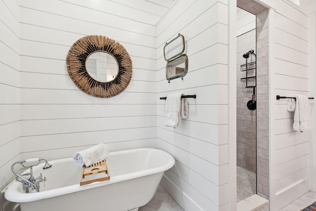 1809 Rushland Grove Ln, Johns Island, SC 29455 - bathroom with tiled shower, a freestanding bath, and wood walls
