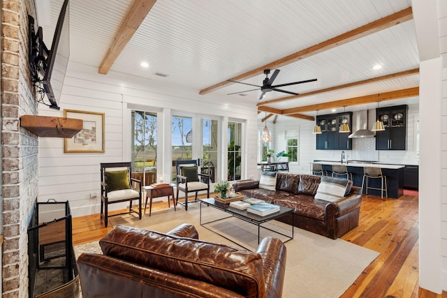 1809 Rushland Grove Ln, Johns Island, SC 29455 - living room with beamed ceiling, light wood-style floors, plenty of natural light, ceiling fan, and recessed lighting