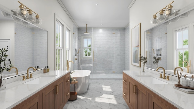 bathroom with vanity, ornamental molding, shower with separate bathtub, and a wealth of natural light