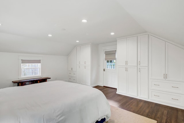 bedroom featuring vaulted ceiling and dark wood-type flooring