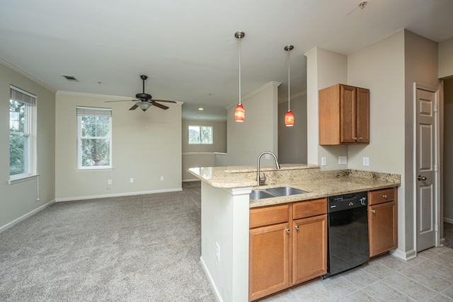 kitchen featuring light stone counters, black dishwasher, brown cabinets, open floor plan, and a sink