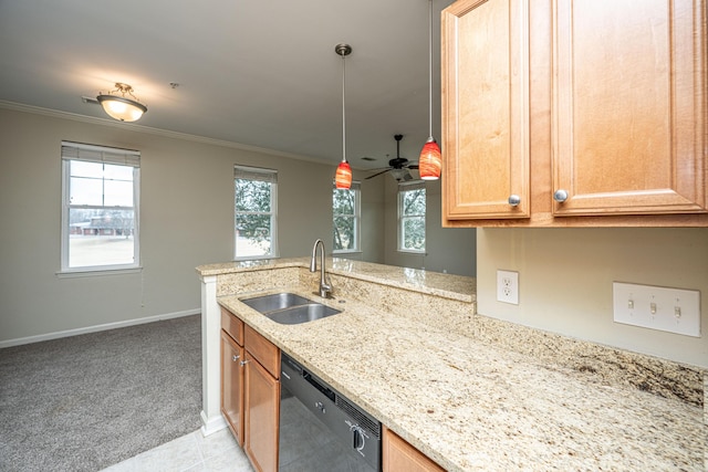 kitchen with light carpet, a peninsula, a sink, black dishwasher, and light stone countertops