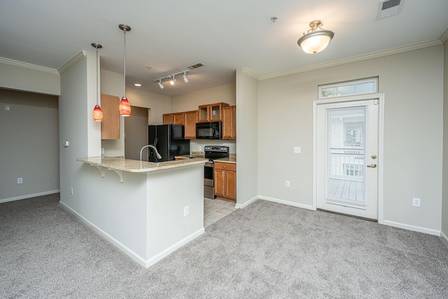 kitchen featuring a peninsula, a breakfast bar, light countertops, brown cabinets, and black appliances