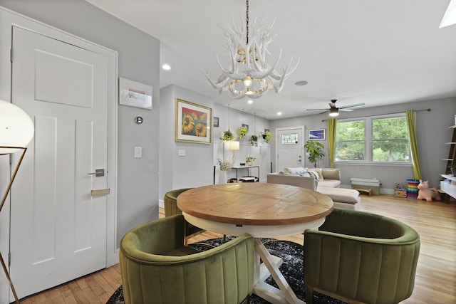 2605 Mona Ave, Charleston, SC 29414 - dining space featuring a chandelier, light wood-type flooring, ceiling fan, recessed lighting, and baseboards