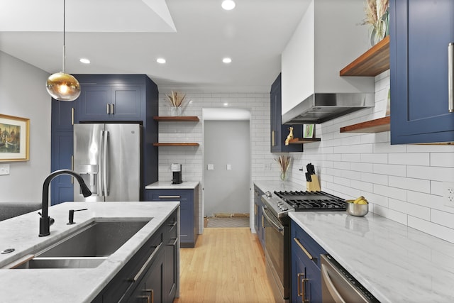 2605 Mona Ave, Charleston, SC 29414 - kitchen featuring open shelves, stainless steel appliances, a sink, blue cabinets, and recessed lighting